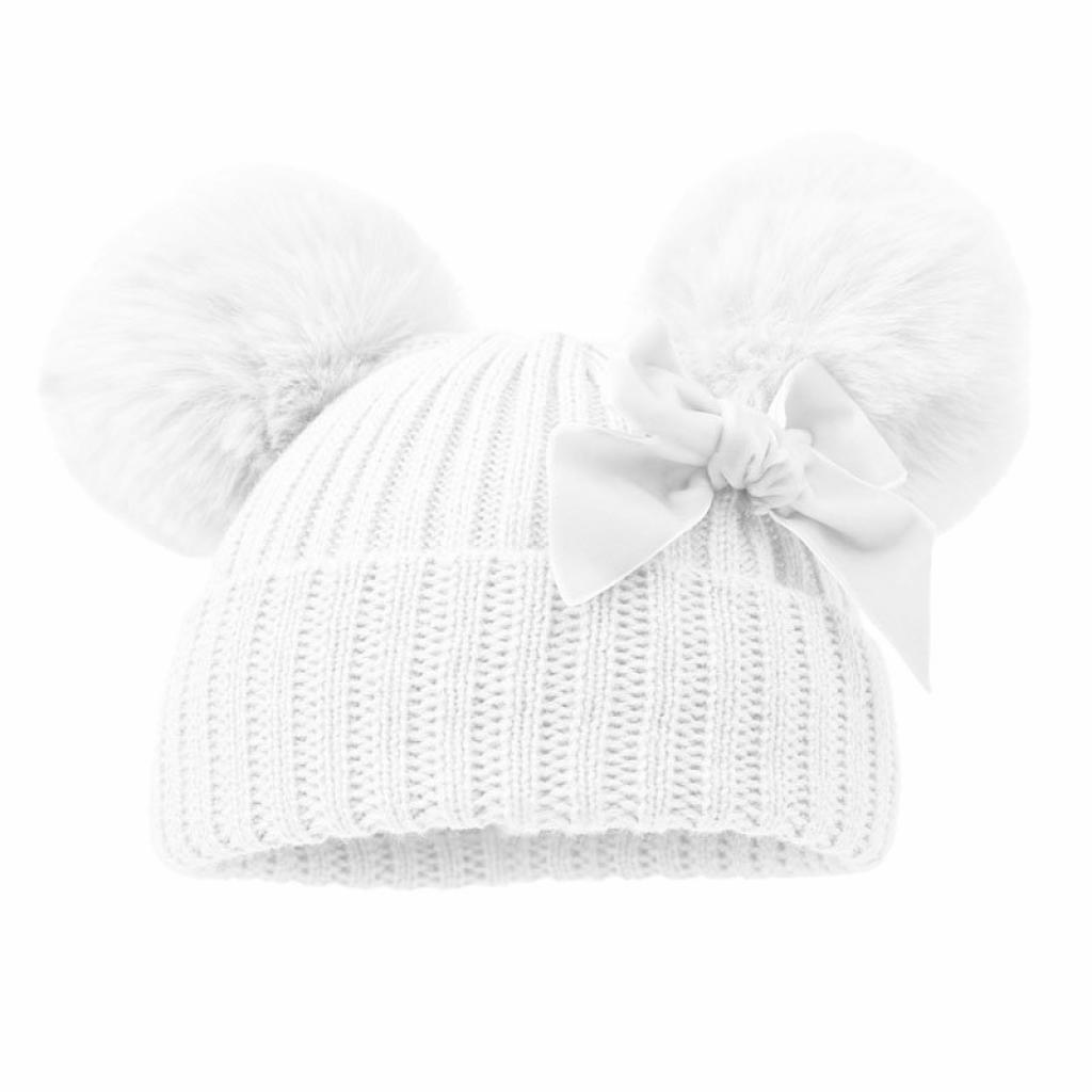 White Velvet Ribbon Pom Pom Hat – by Soft Touch (Newborn–12 Months)