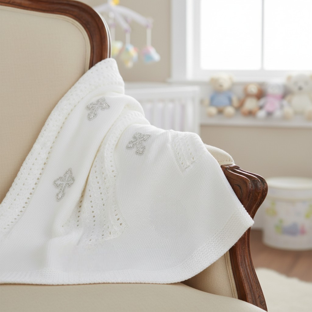 Christening Shawl with Silver Cross Embroidery – by Snuggle Baby