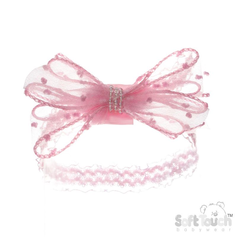 Pink Lace Flower & Pearl Headband – by Soft Touch (Newborn–12 Months)