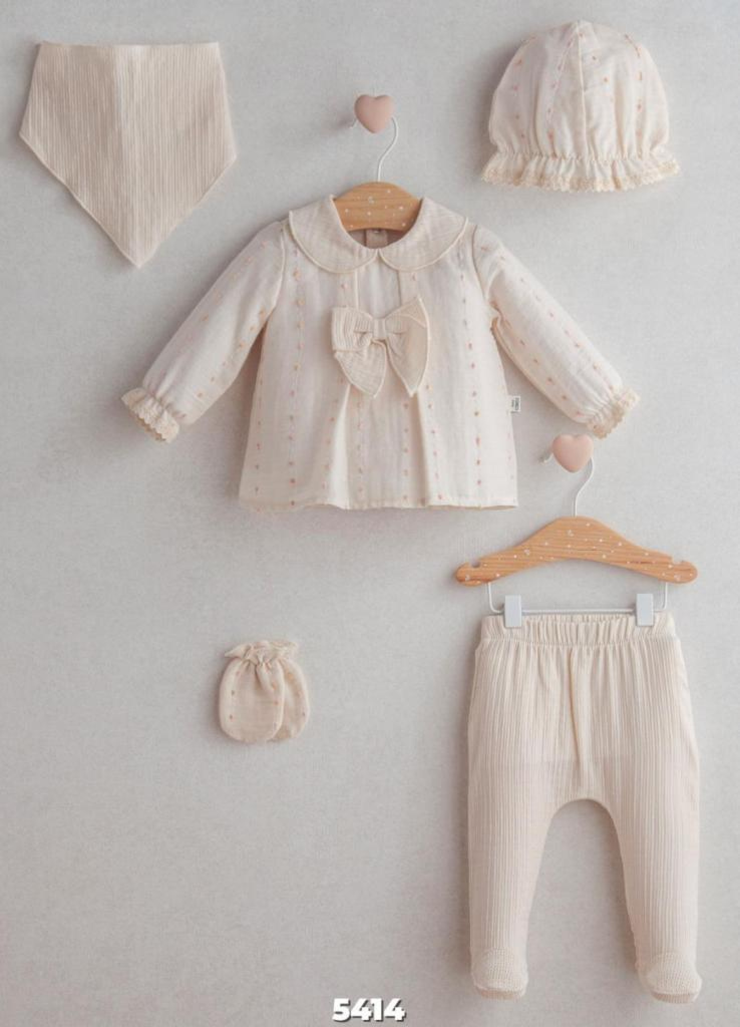 Ecru/Pink Dotty Layette 5 Piece Set – by Tongs Baby (0-1 month) - Image 2