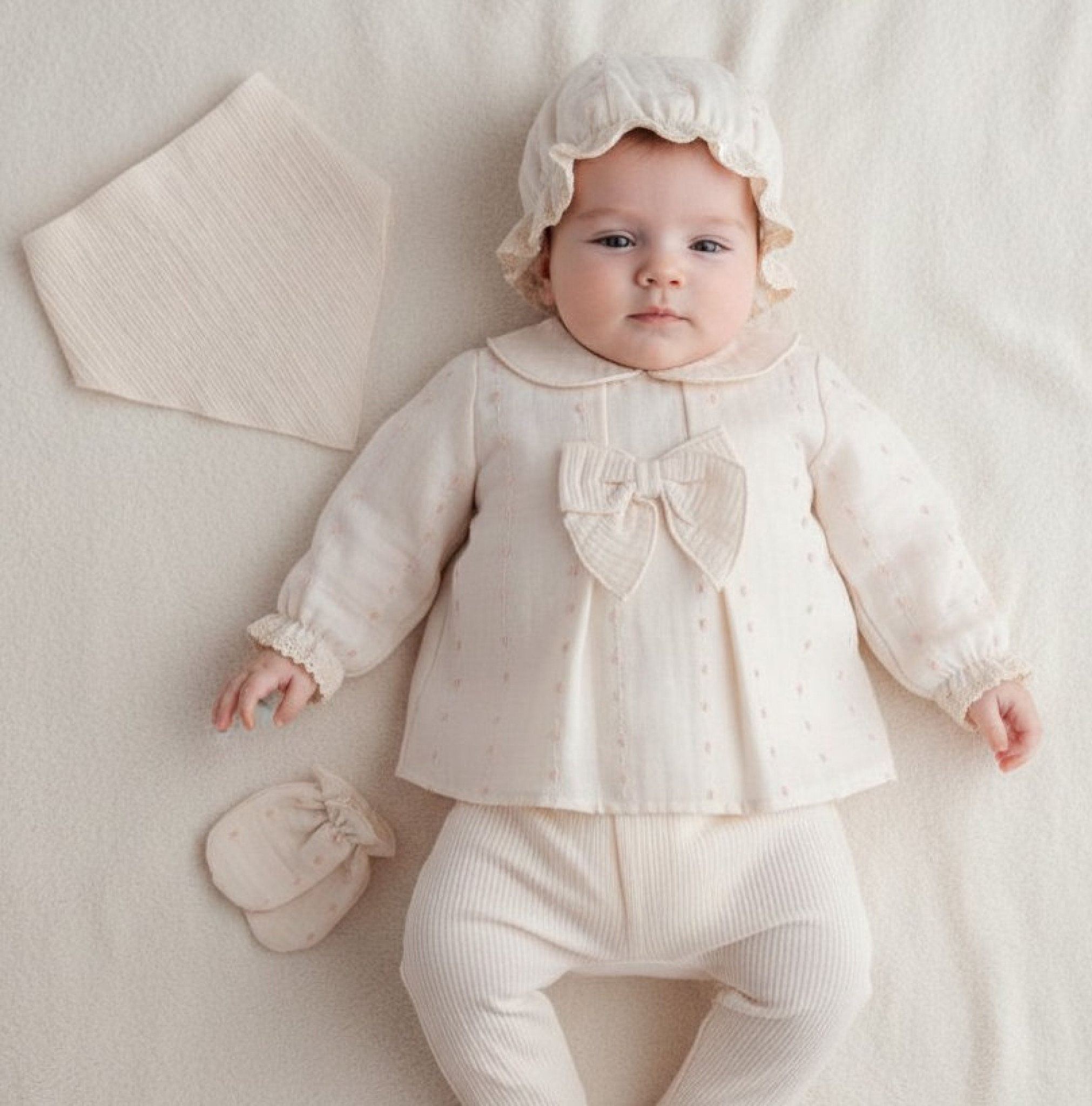 Ecru/Pink Dotty Layette 5 Piece Set – by Tongs Baby (0-1 month)