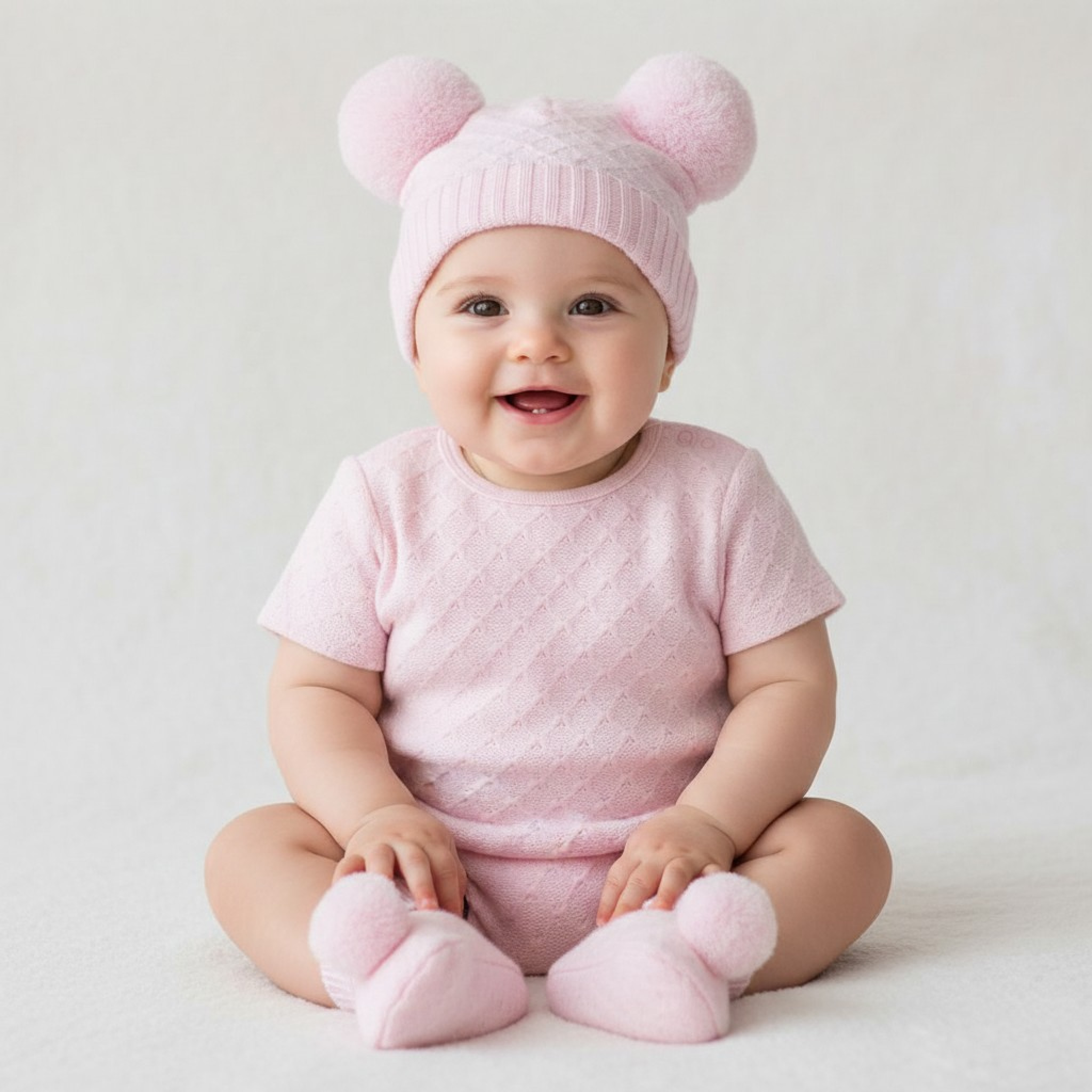 Pink Pom Pom Hat and Bootee Set – by Soft Touch (Newborn –6 Months)