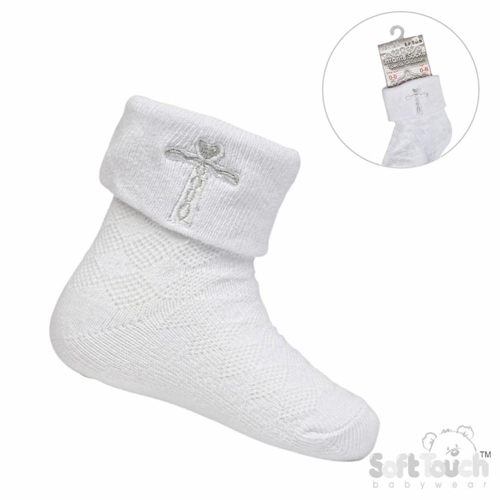 White & Silver Cross Socks – by Soft Touch (0–12 Months) - Image 2